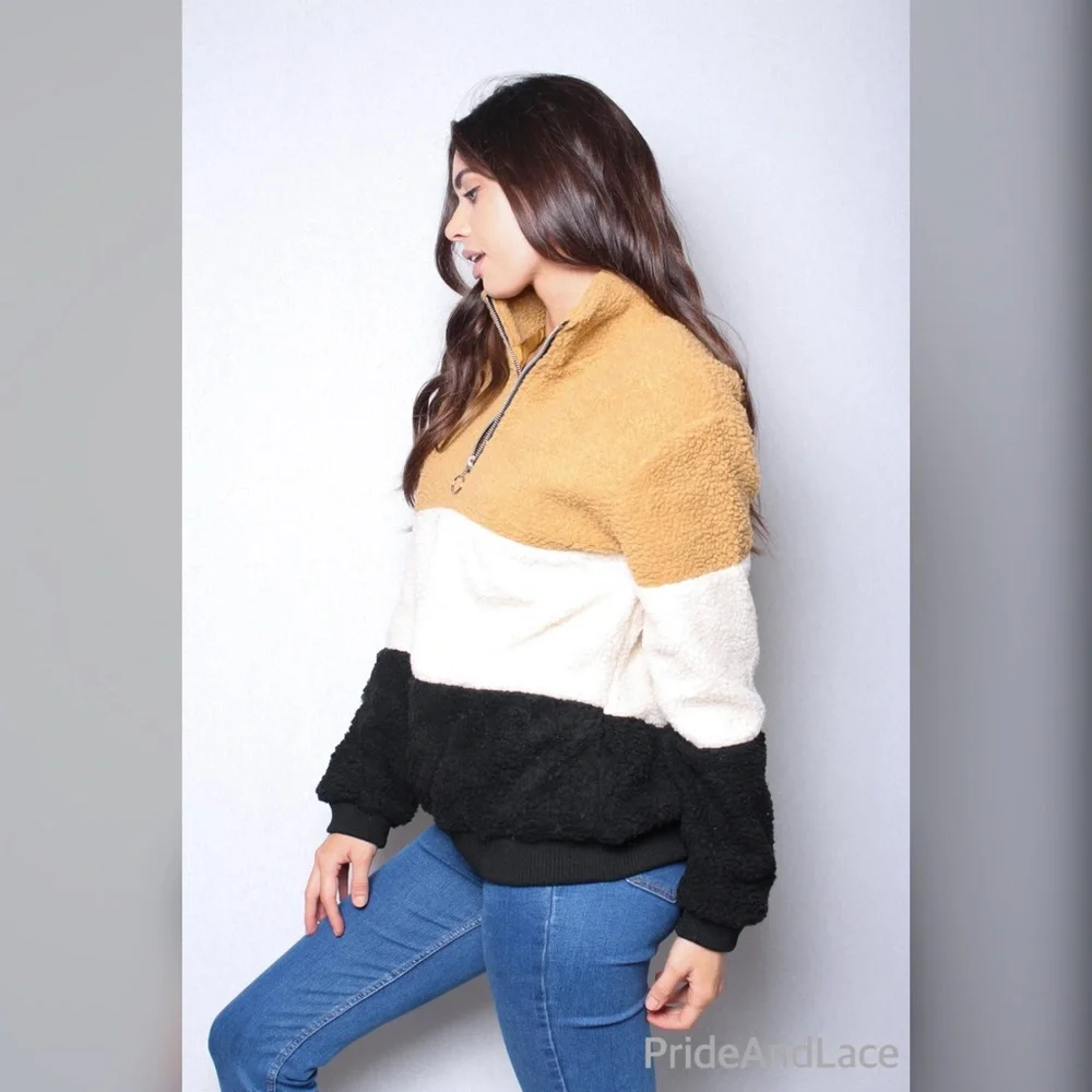 Sherpa Colorblock Zippered Mock Neck Pullover Sweater - Picture 3 of 4